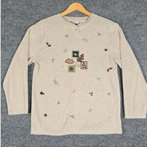 Bobbie Brooks Womens Oatmeal Fleece Embroidered Leaf Long Sleeve Henley Top M